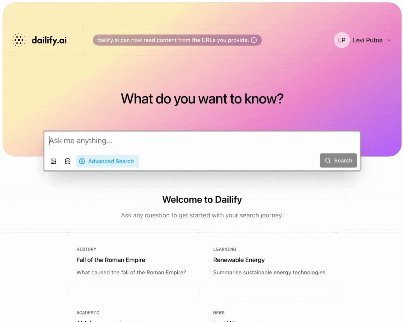 Dailify real-time search interface showing live search results