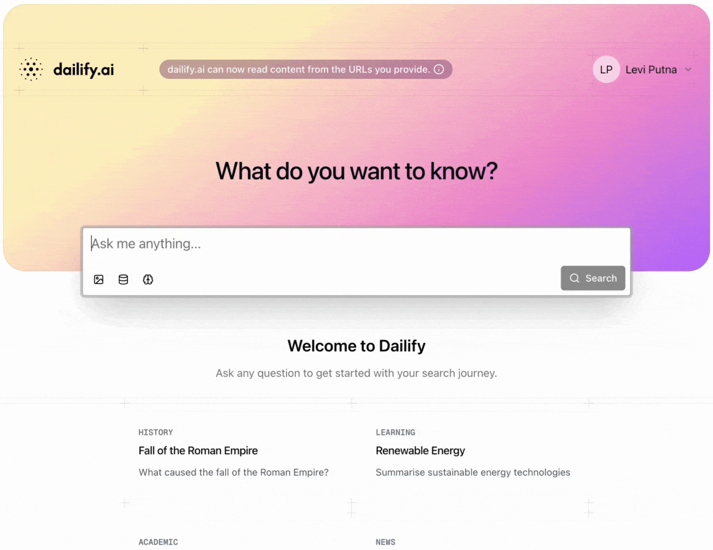 Dailify search interface showing AI-powered search results
